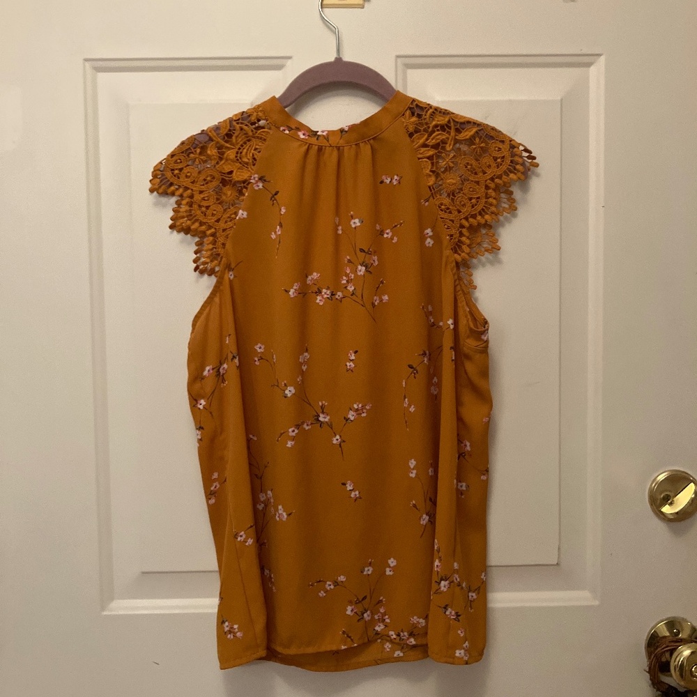 Express Crochet Lace Cap Sleeved Blouse Gold With Cherry Blossom Flowers
